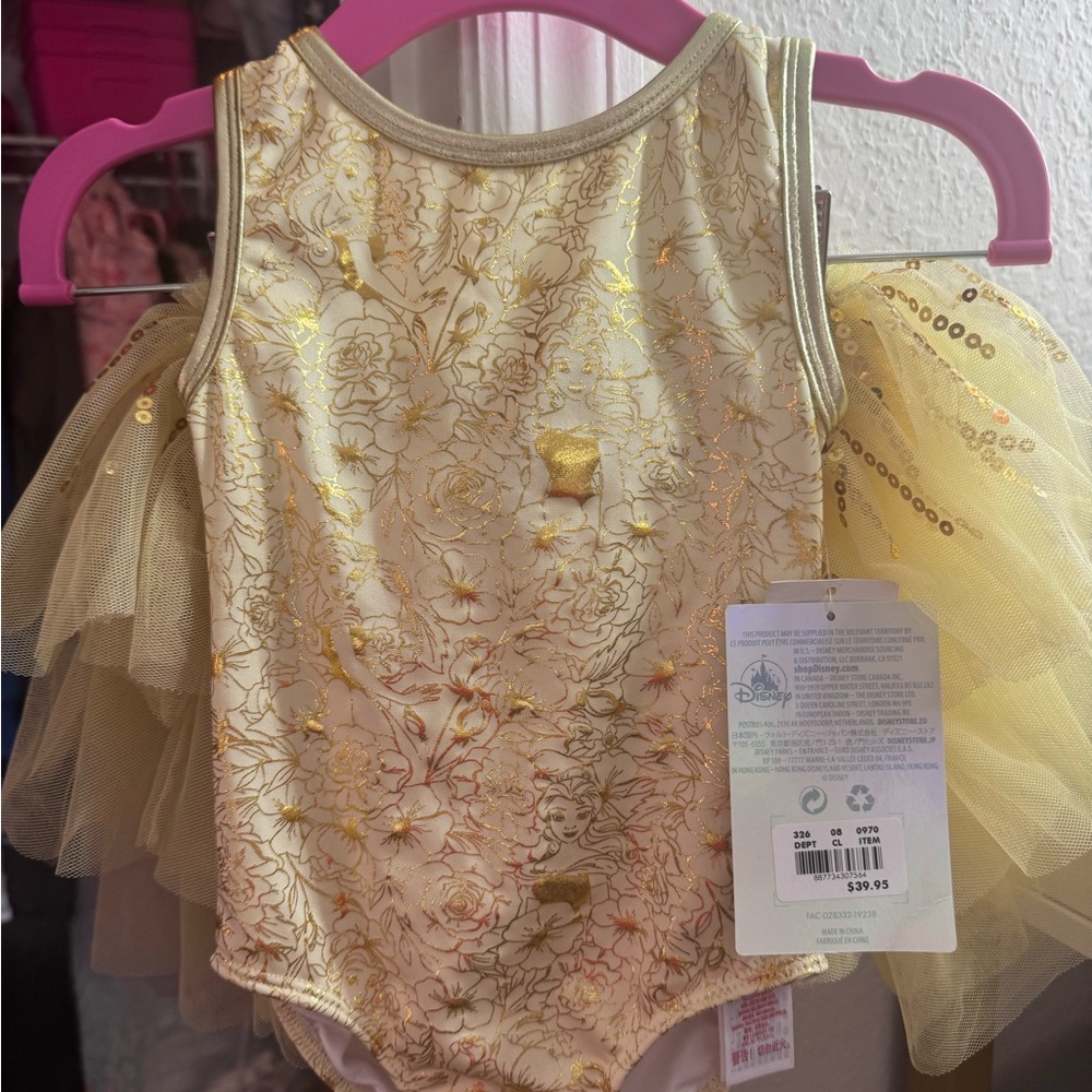 Disney Cream and Gold Baby Bodysuit with Tulle Sleeves